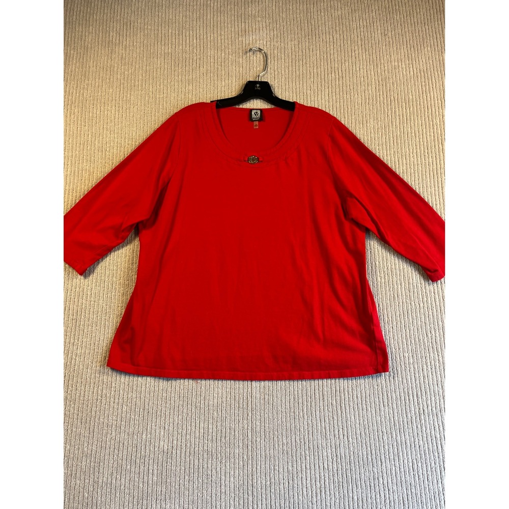 Anne Klein Sport Top Womens 1X Red Knit 3/4 Sleeve Pleated Scoop Neck Gold Logo